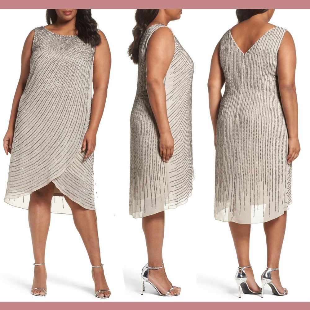 NWT Adrianna Papell‎ Beaded Wrap High/Low Dress in Platinum [PLUS SZ 22W ]